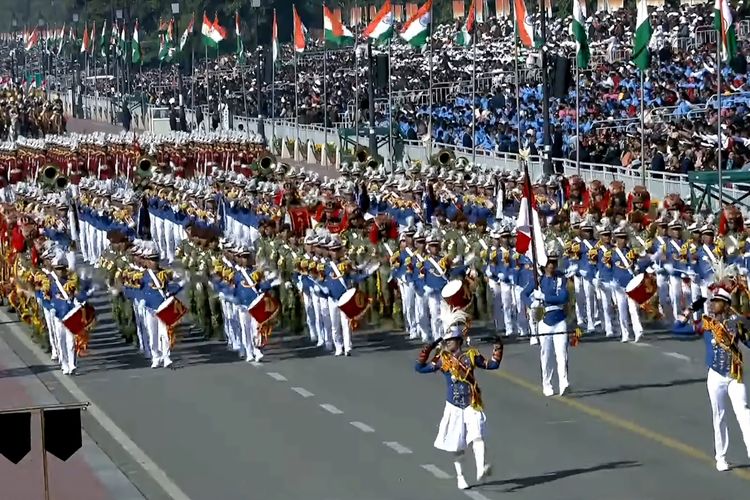 Penampilan kontingen RI di perayaan Hari Republik India ke-76 di Kartavya Path, New Delhi, pada Minggu (26/1/2025).(Foto: Dokumentasi Sekretariat Presiden)