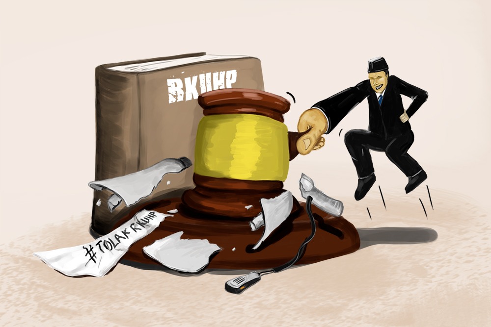 Ilustrasi ini mengkritik **implementasi KUHP baru**, menggambarkan pengaruh politik dalam hukum serta kekhawatiran terhadap pembatasan kebebasan berpendapat (Foto: Bisnis/Muhammad Afandi).